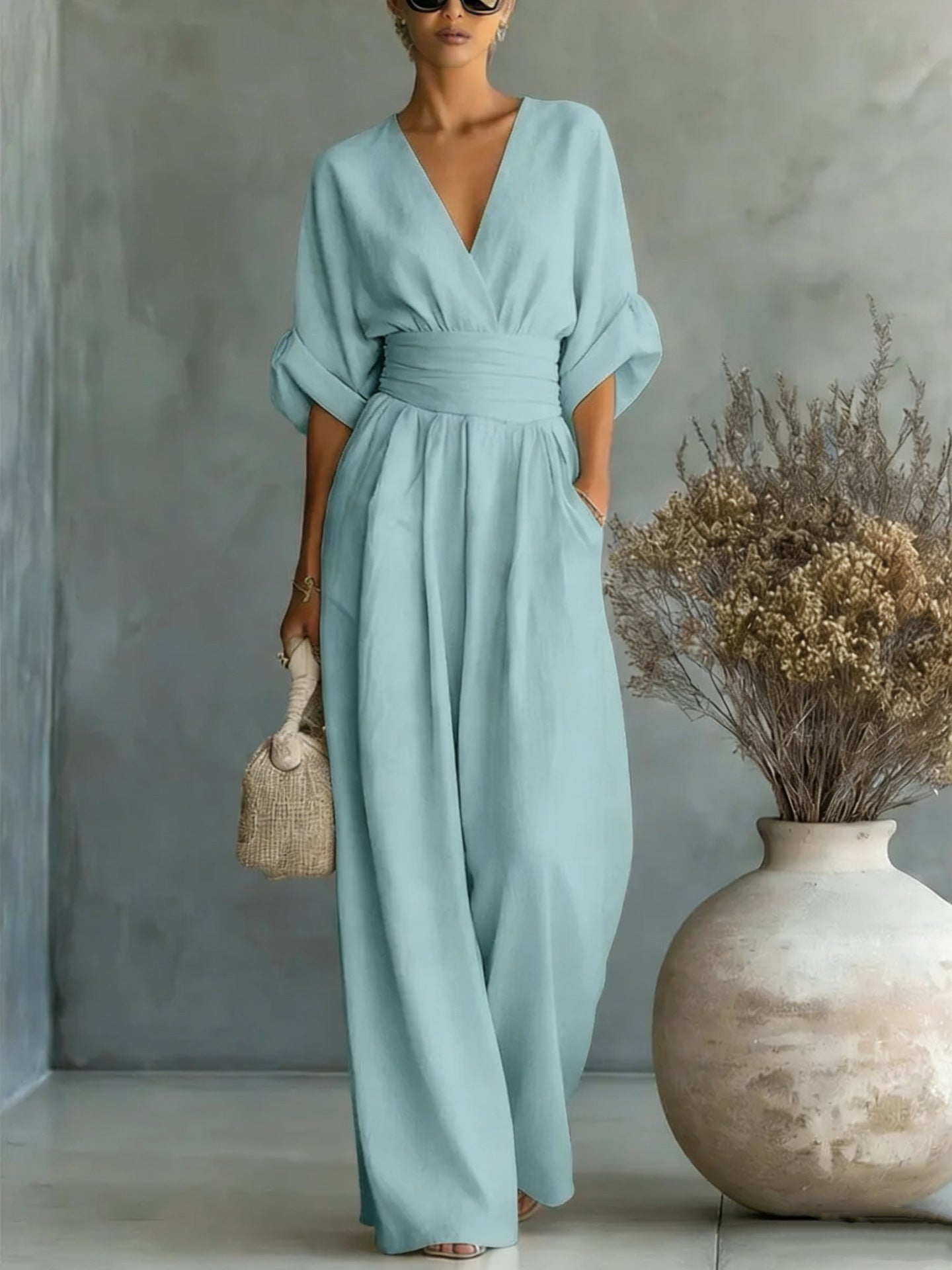 Summer V-Neck Wide-Leg Jumpsuit | Casual Chic One-Piece