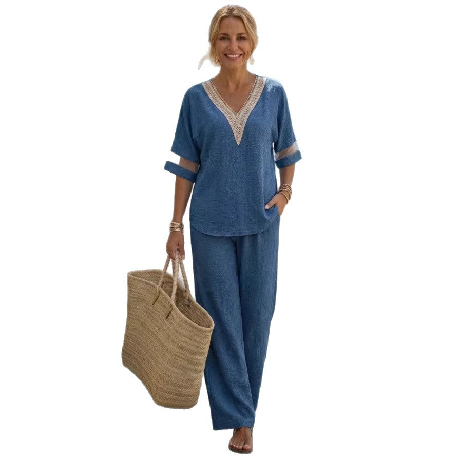 V-Neck Embroidered Top & Wide-Leg Pants Set