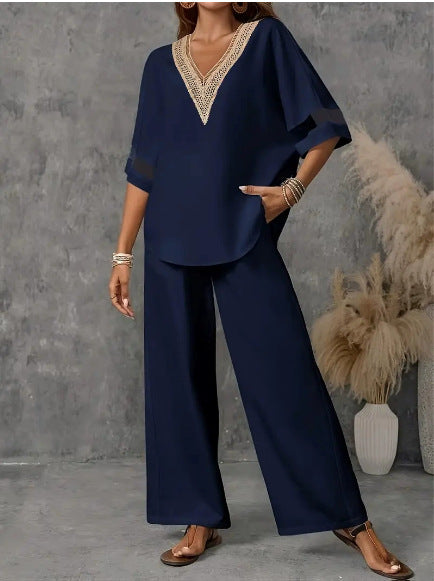 V-Neck Embroidered Top & Wide-Leg Pants Set