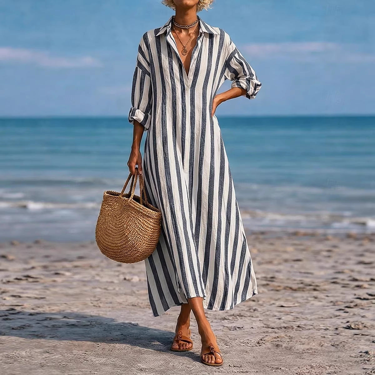 Striped Lapel Pocket Dress