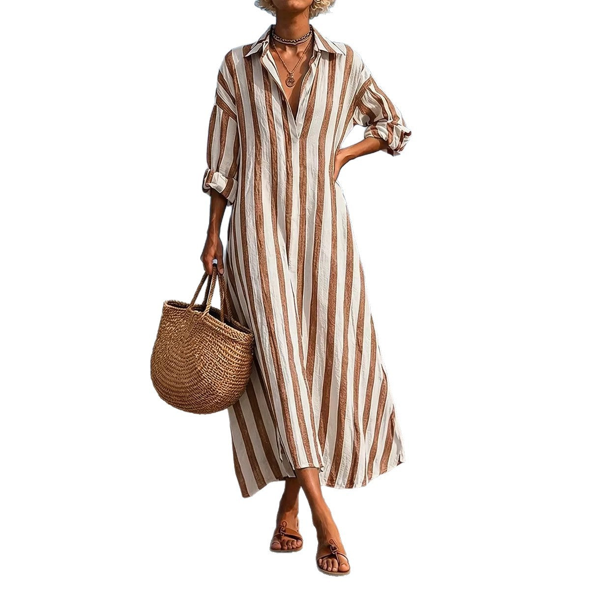 Striped Lapel Pocket Dress