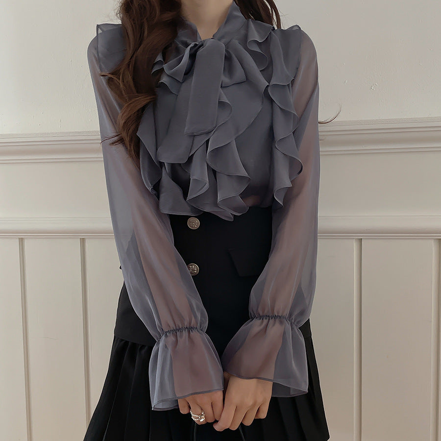 Ruffle Chiffon Sheer Blouse | Bow-Tie Elegant Top for Women