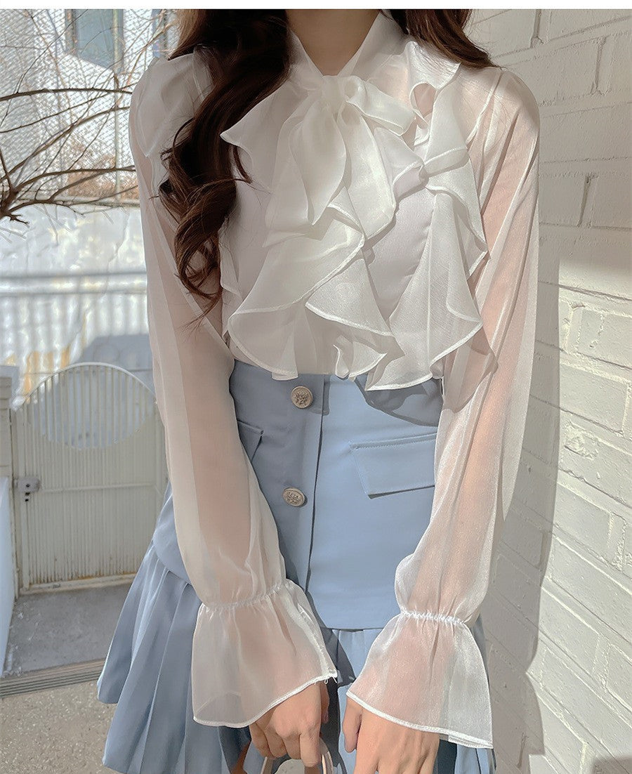 Ruffle Chiffon Sheer Blouse | Bow-Tie Elegant Top for Women